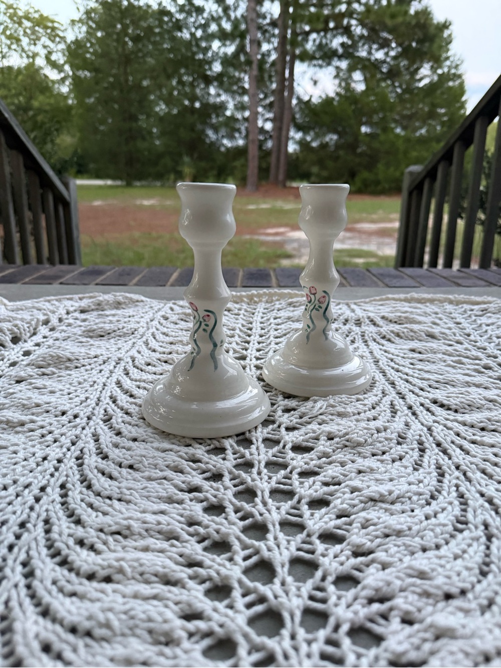Vintage Ceramic Candlestick Pair with Floral Accents